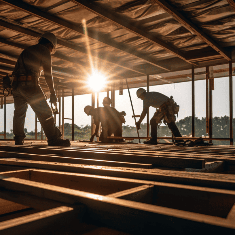 Skilled workers engaged in the construction of a wooden house, collaborating closely to assemble the structure with precision and expertise. The team is seen handling timber, measuring and cutting materials, and erecting the walls and roof of the house in a well-coordinated effort.