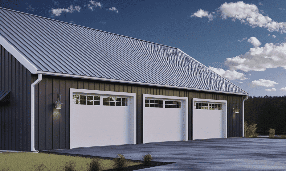 A spacious dark grey steel garage building with white doors, showcasing elegance and functionality.