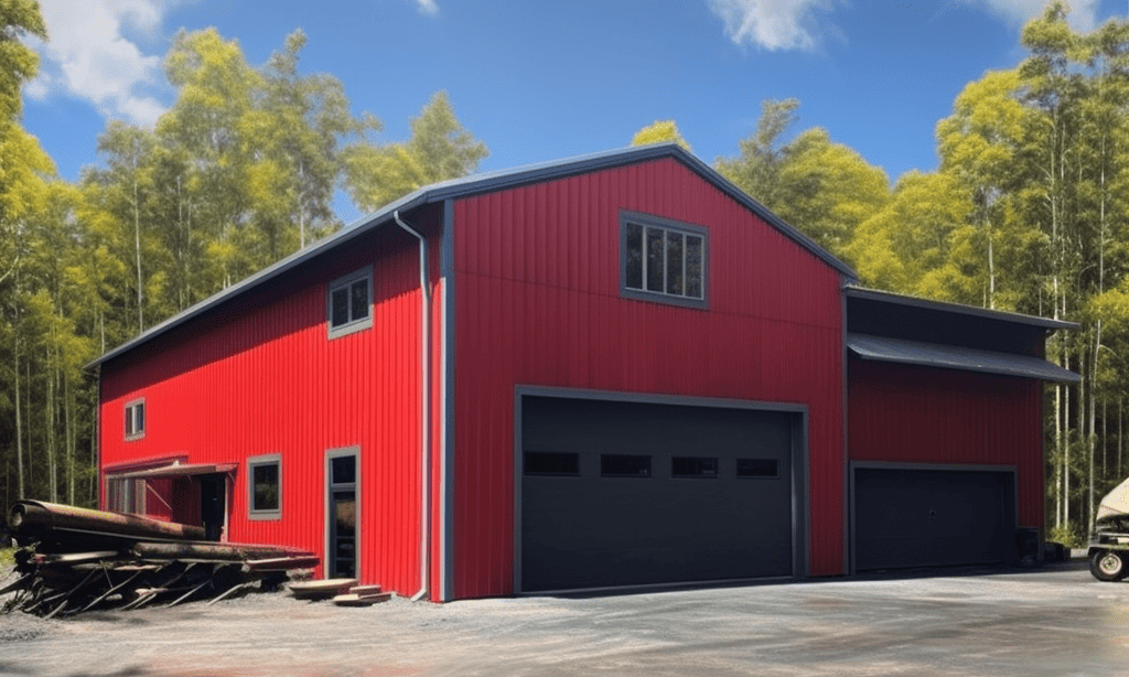 A steel building showcasing red metal siding and black trim, exuding boldness and elegance