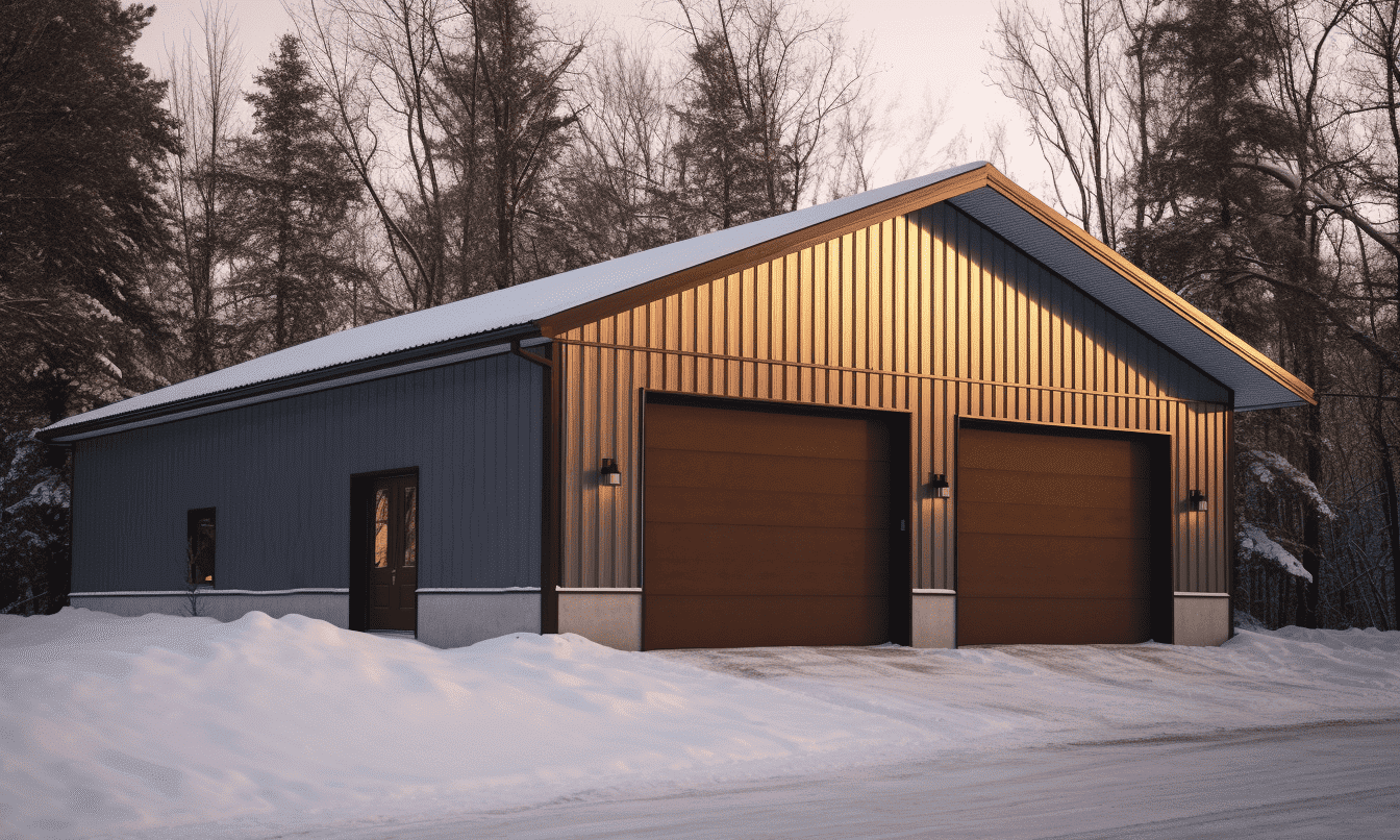 A steel garage building with brown doors, showcasing timeless charm and durability.